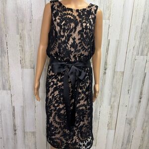 Adrianna Papell Black Lace Overlay Nude Slip Midi Dress